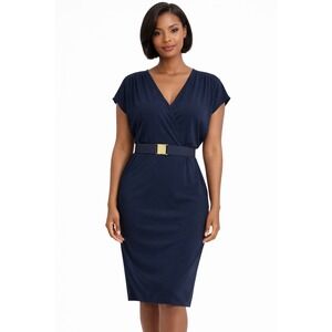 NWT Tommy Hilfiger 14 Navy Blue Belted Jersey Sheath Dress V Neck Career Office